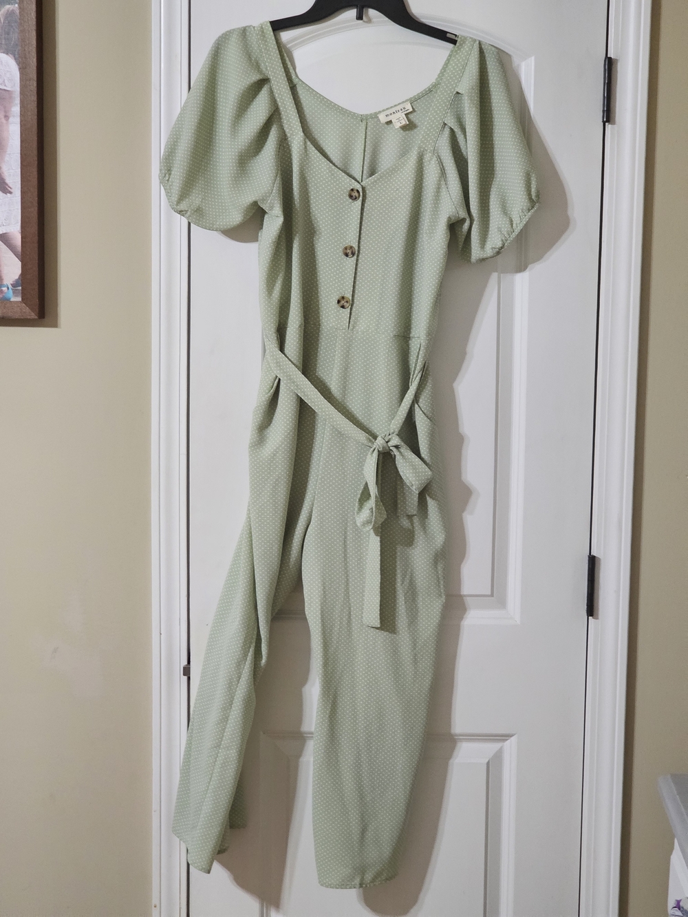 🔥🔥Monteau Sage Green Puff-Sleeve Jumpsuit with Tie Waist🔥